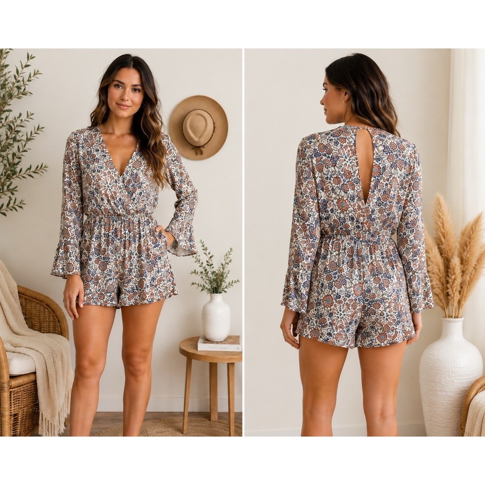 Aeropostale Women's L Floral Wrap Front Romper Bell Sleeve Boho NWT Rayon -1779